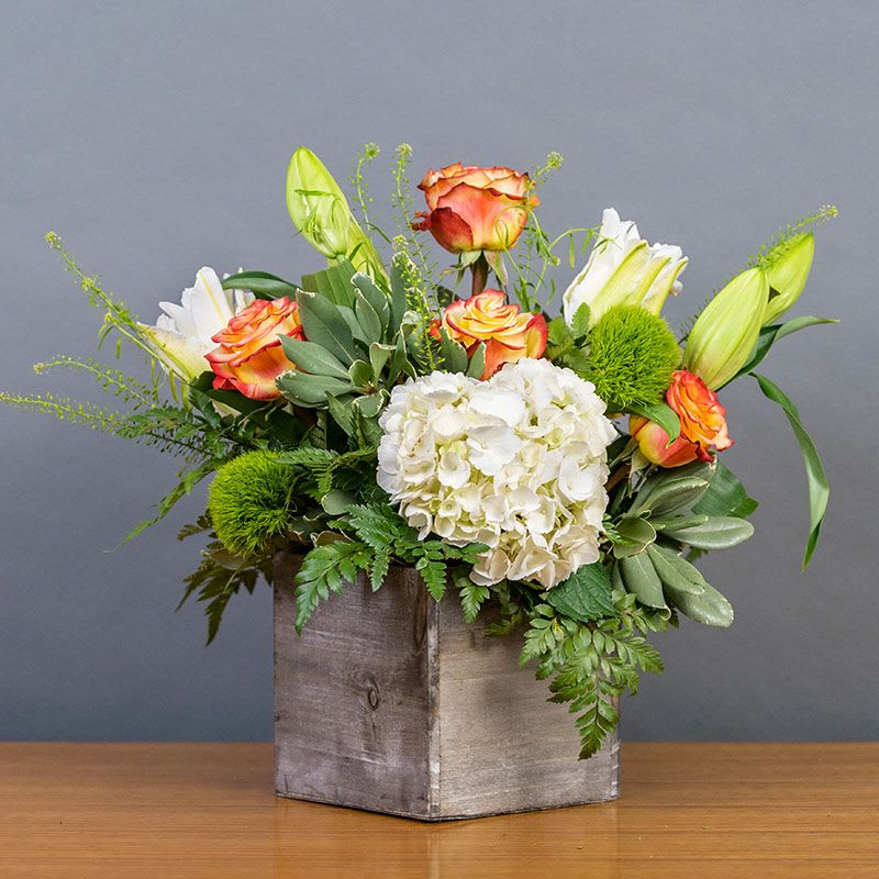 Grey House Blooms-Boxed Up Right Grey House Blooms-Boxed Up Right - Double Bloom Lilys, Hydrangeas, Orange Bi-Color Roses and Trick in a 6x6 cube.