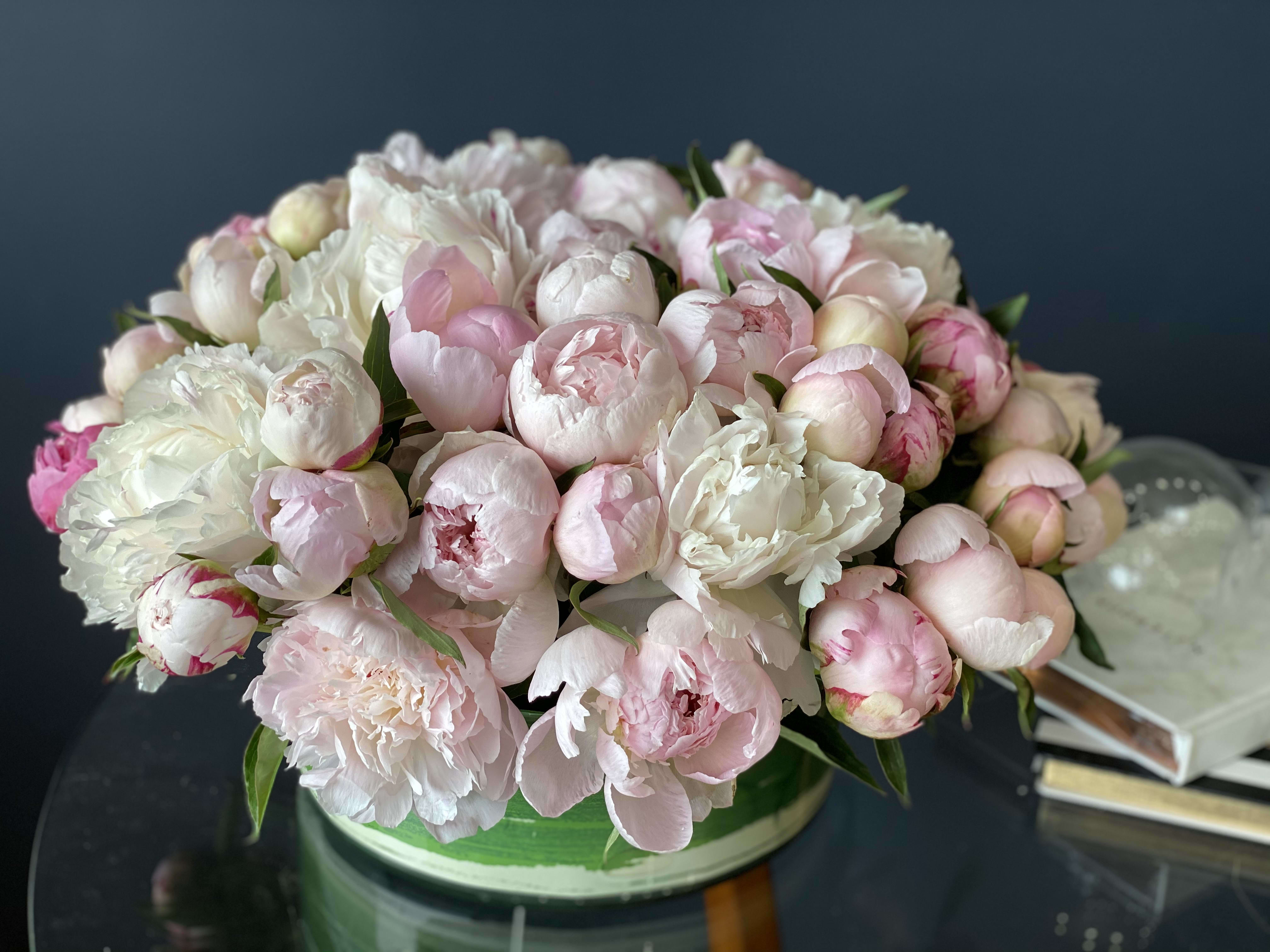 50 peonies in low clear vase  - 50 peonies in low clear vase 