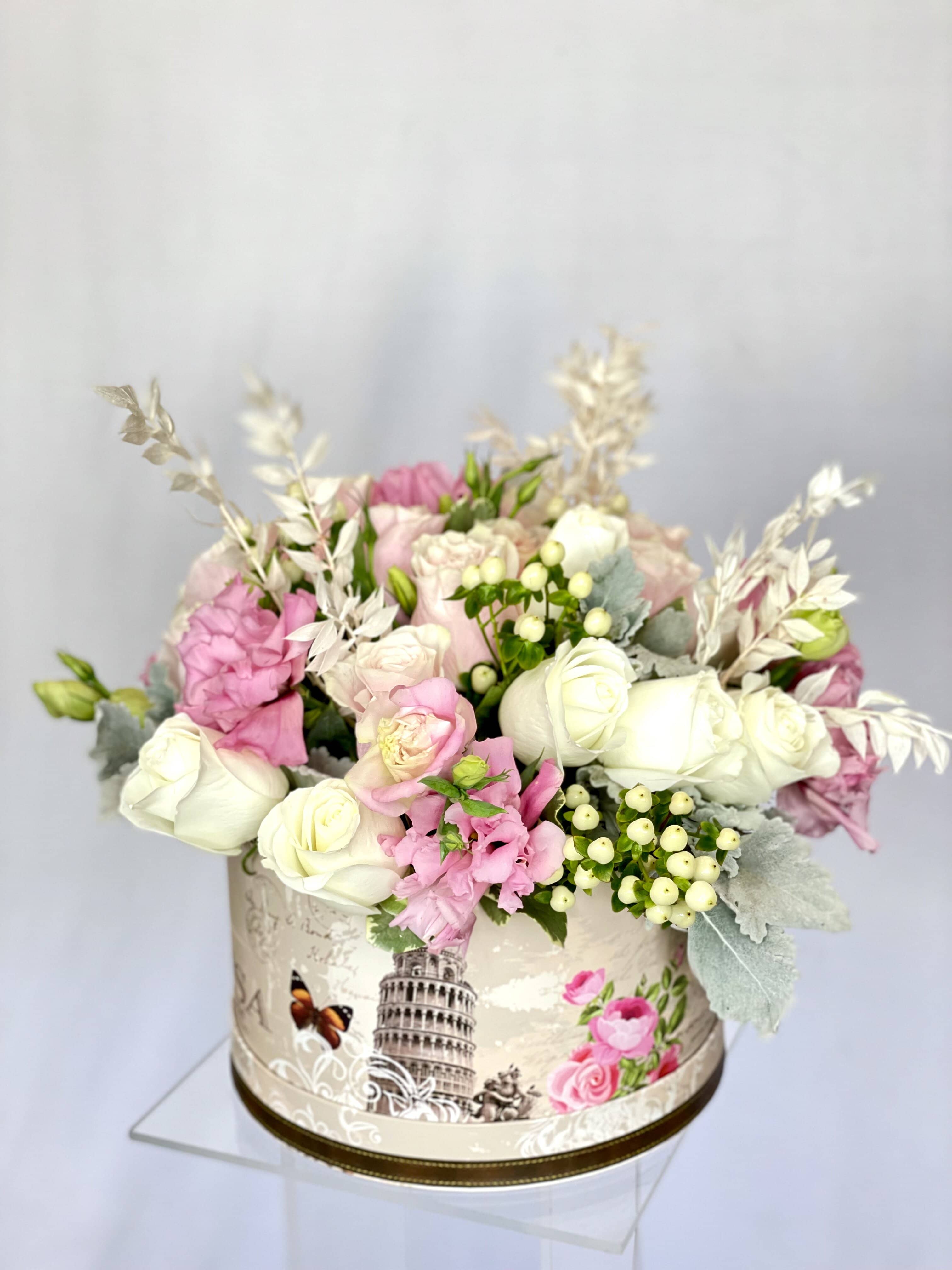 Wild Blushing Garden  - Light Pink Roses, White Roses, White Coffee Bean, Dry White Leaves as well as assorted green arranged in a hatbox.