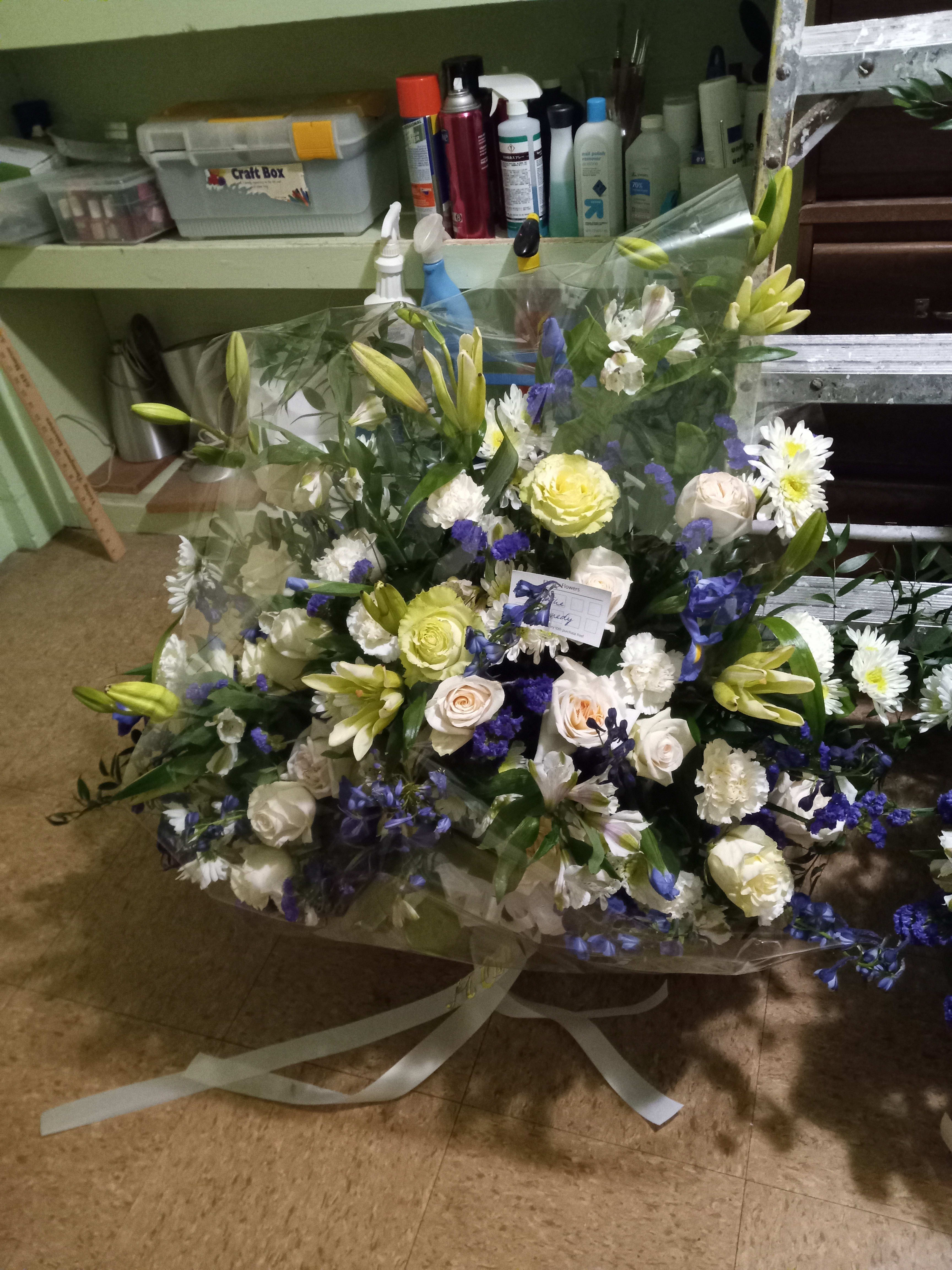 Sympathy basket - Beautiful white roses, daisies, hydrangea, lilies, alstroemeria &amp; navy/blue irises, delphinium and statice in a basket 