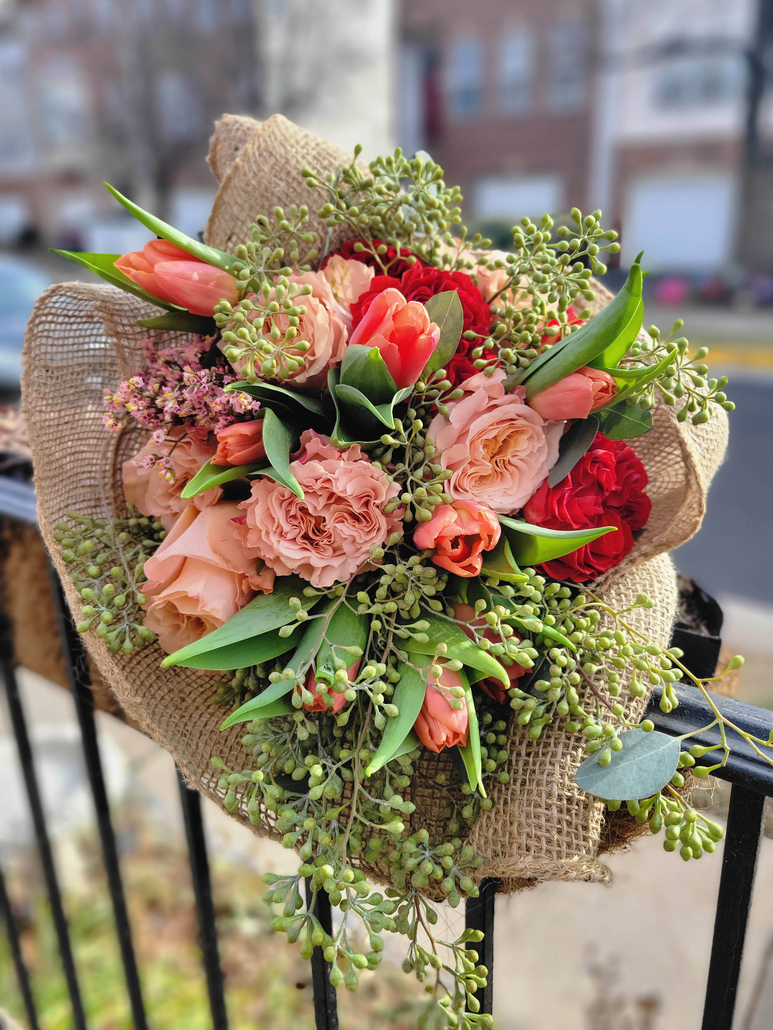 Be Mine Forever - Peach roses, orange tulips, garden roses, seeded eucalyptus