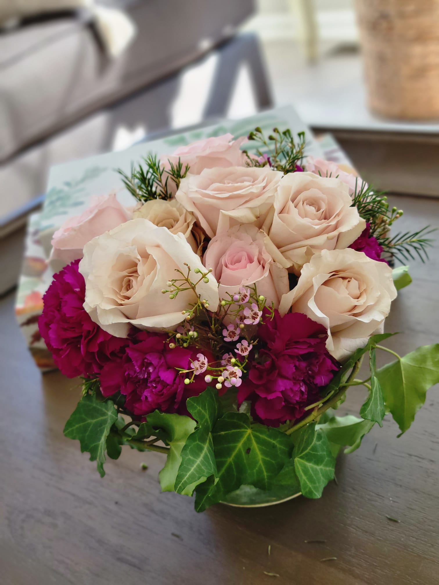 Overjoyed - Roses, Wax Flower, Carnation, Ivy 