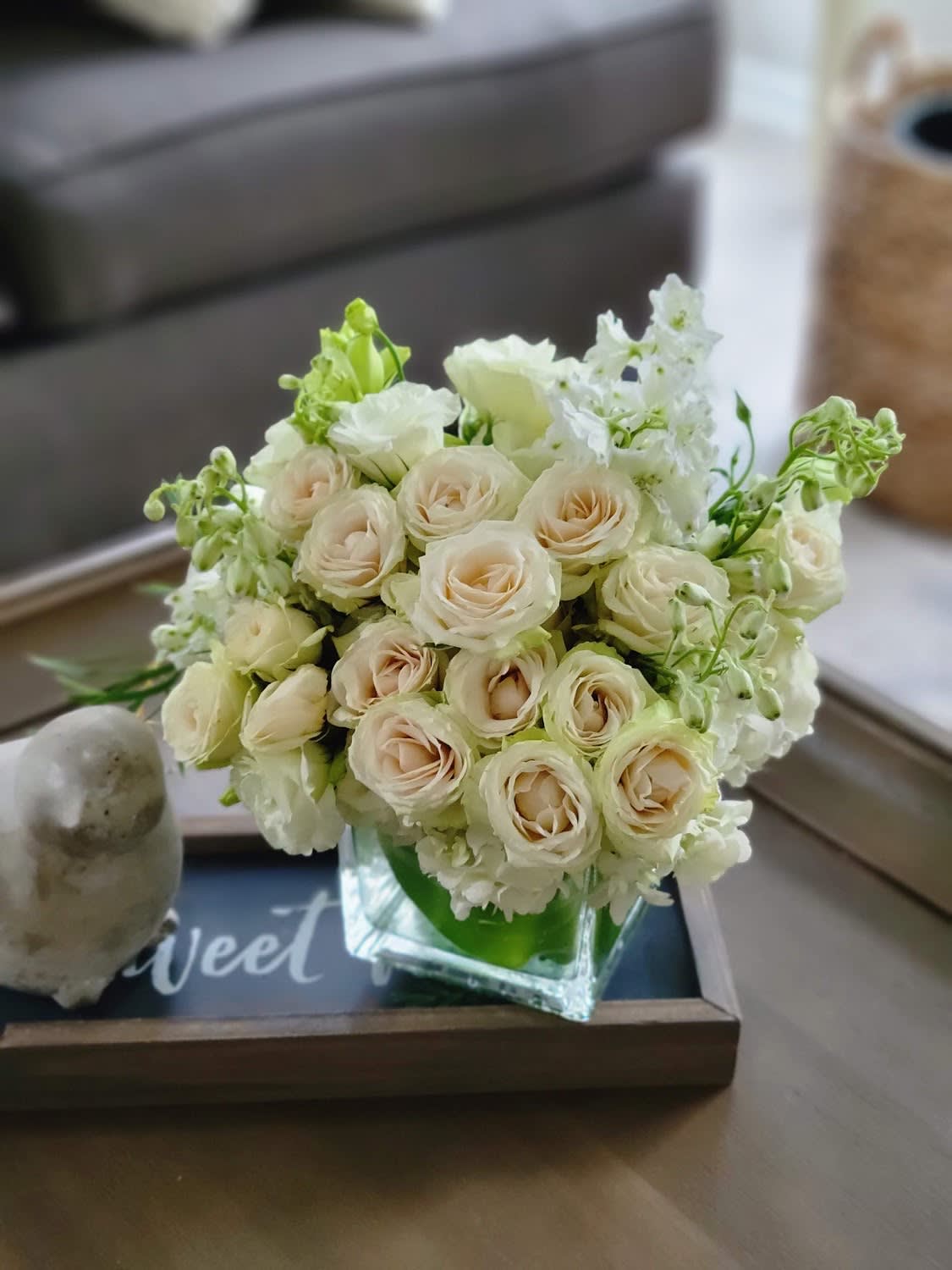 Asteria Asteria - Baby Roses, Delphiniums, White Hydrangeas, White Lisianthus, Ivy leaves