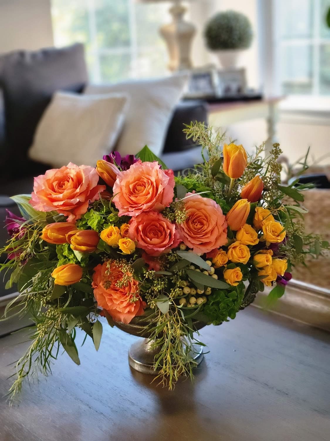 Amoré - Roses, Tulips, Spray Roses, Hypericum Berries, Green Hydrangeas, Alstromeria, Eucalyptus, Dianthus 