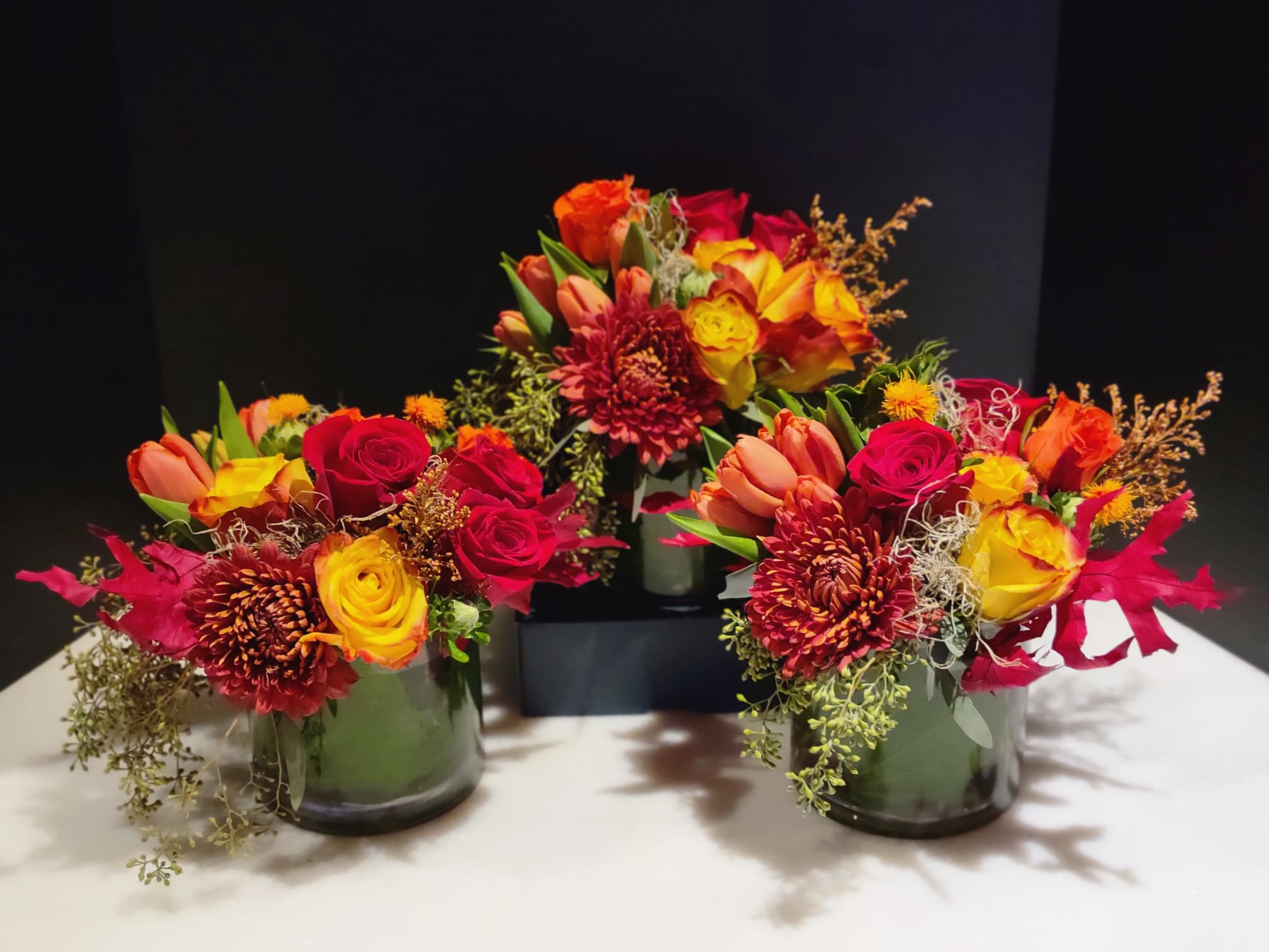 Cozy Autumn Trio (Sold individually) - Mums, Roses, Tulips, Spray Roses, Dried Oak Leaves, Solidago, Seeded Eucalyptus