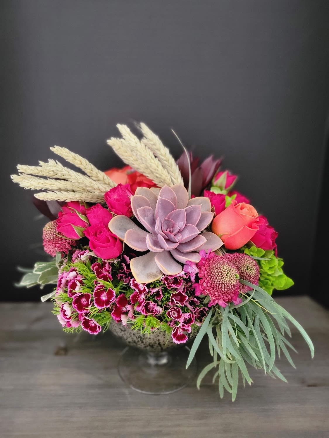 Serene Beauty - Dianthus, Roses, Scabiosa, Leucodendron, Green Hydrangeas, Succulent, Dried Wheat 