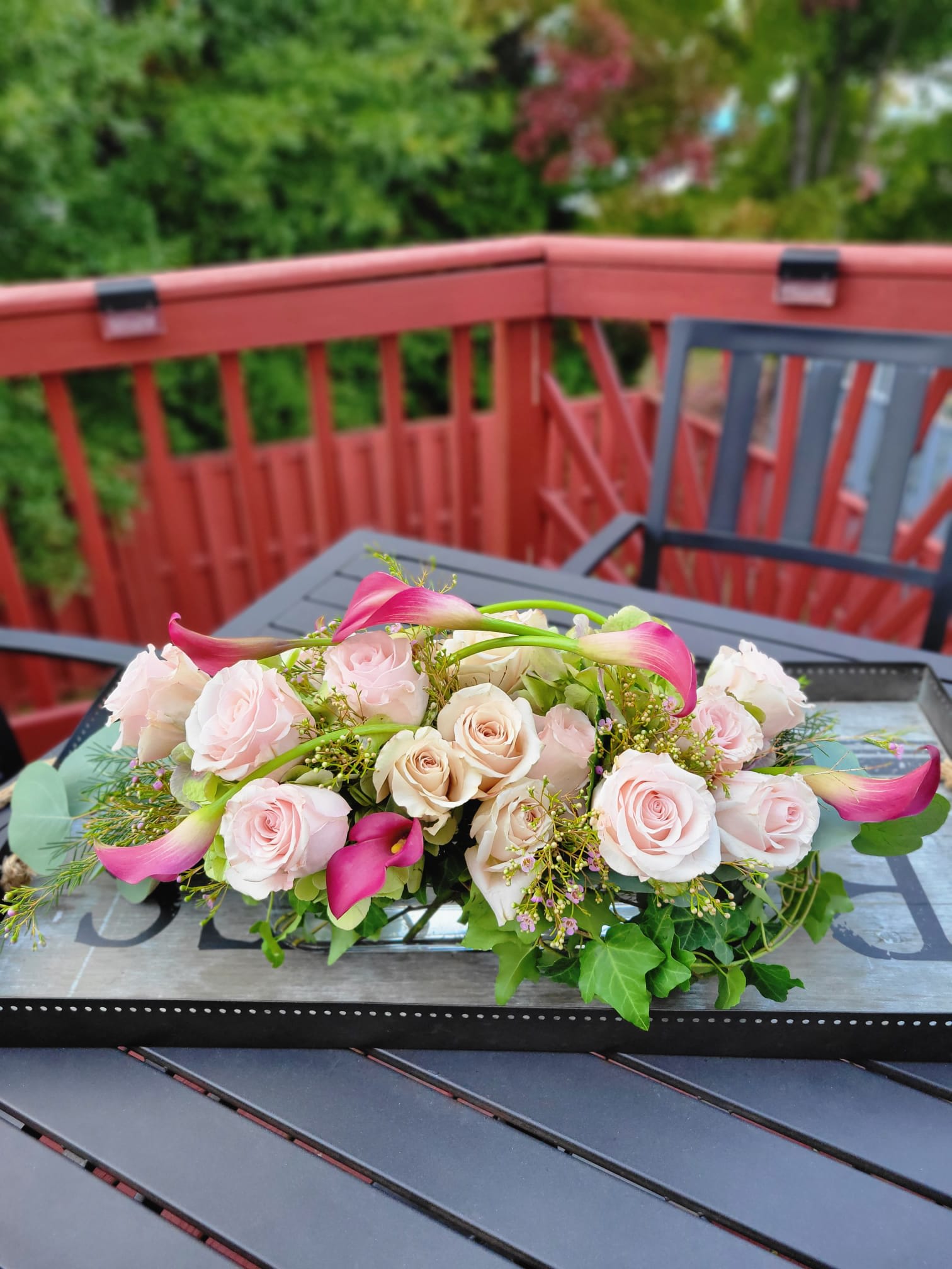 Chasing the Shadow  - Antique Hydrangeas, Roses, Cala lilies, Wax flowers, Eucalyptus  