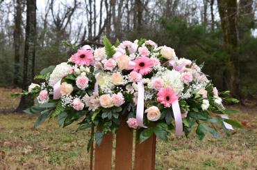Pretty Pink Casket Piece - Soft pink and white blooms fill this beautiful tribute for a precious loved one.