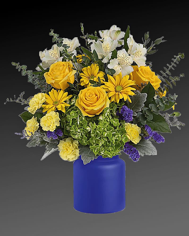Sunrise At Sea Bouquet - Capture the magic of a sunrise at sea with this radiant white and yellow bouquet, arranged in a frosted glass vase the color of the deep ocean