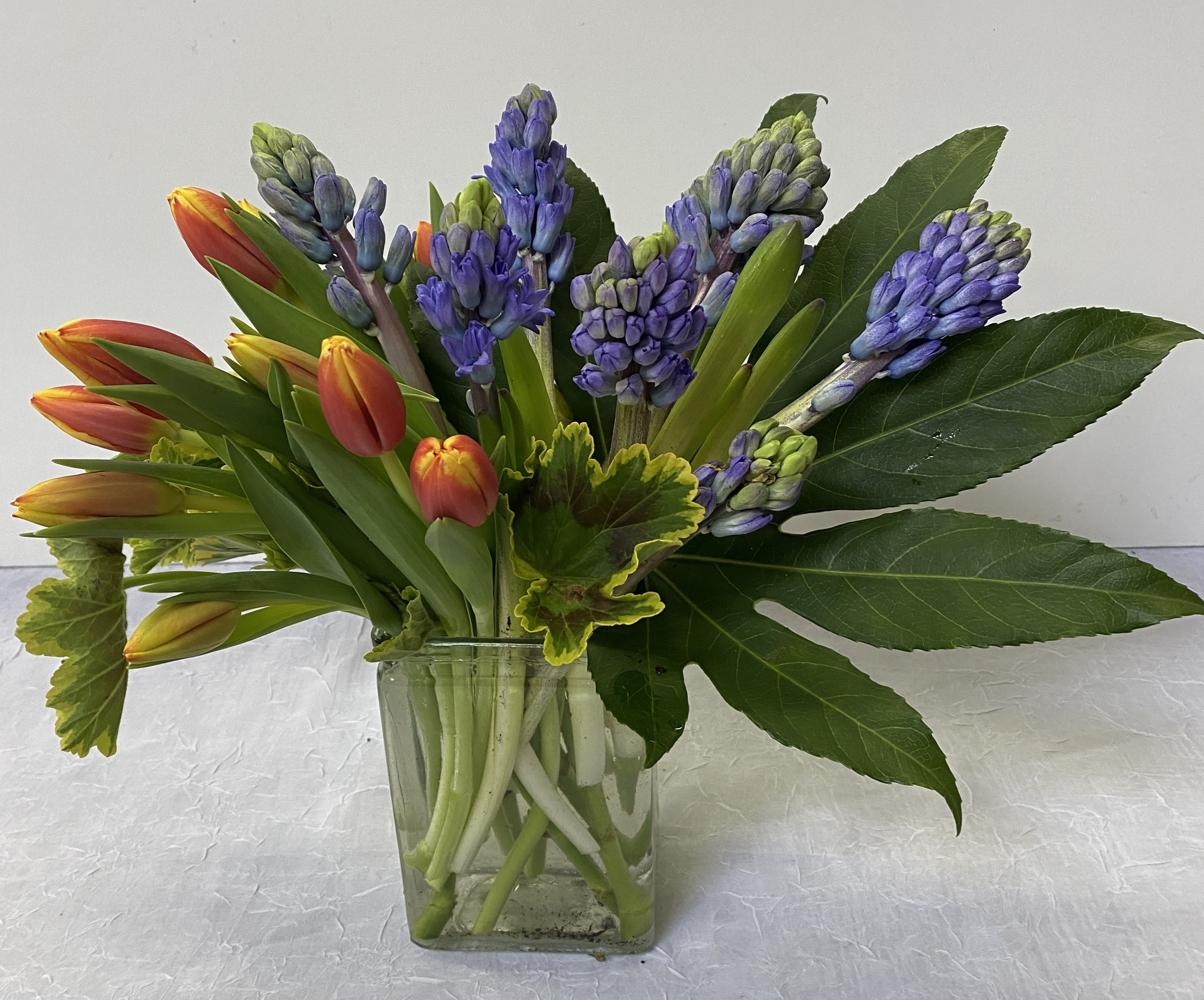 AMSTERDAM - Orange tulips and blue hyacinths in a glass vase with some greenery Colors maybe change