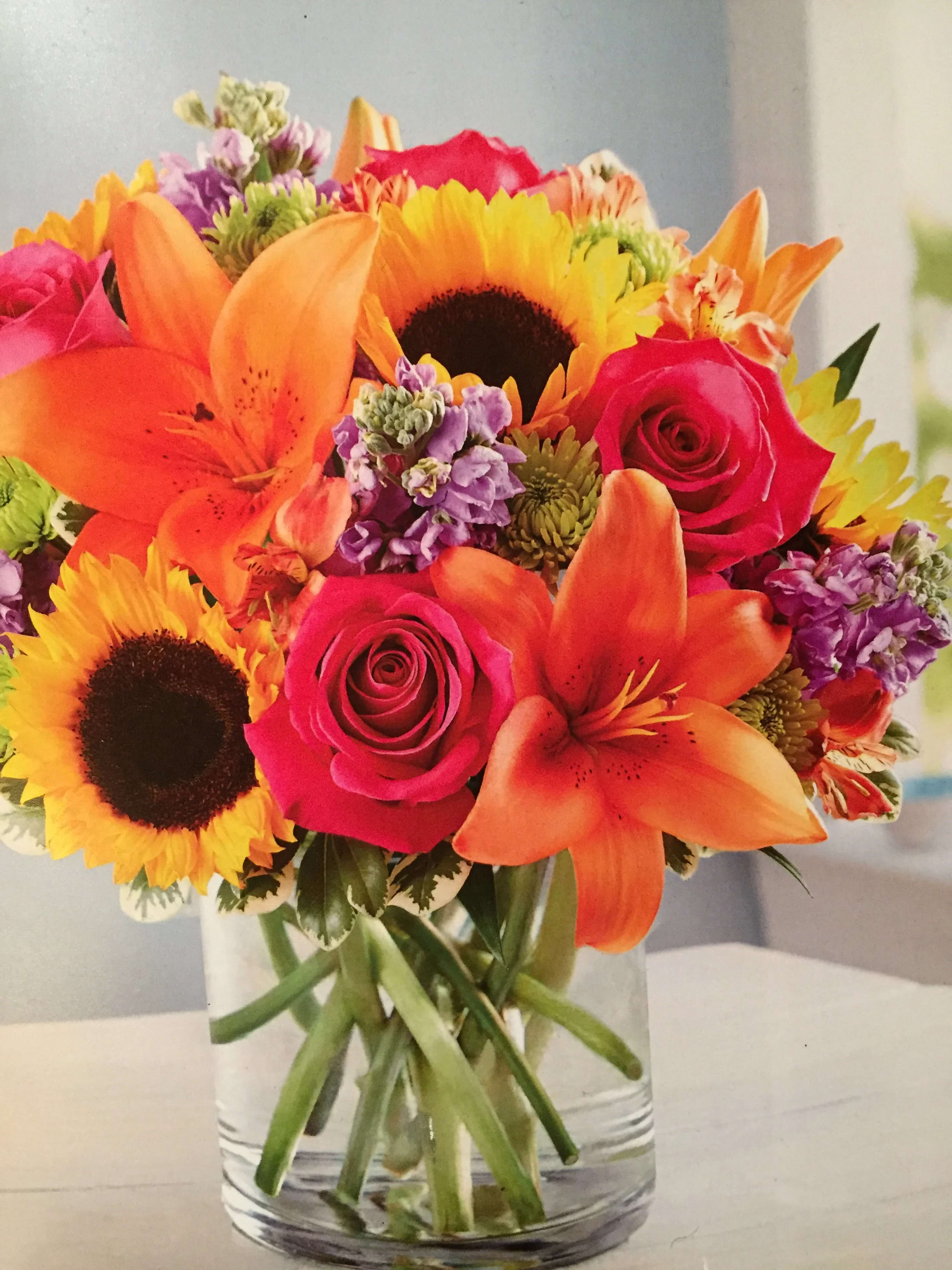 9 wedding bouquet - orange roses and yellow sunflowers - Artificial Flowers