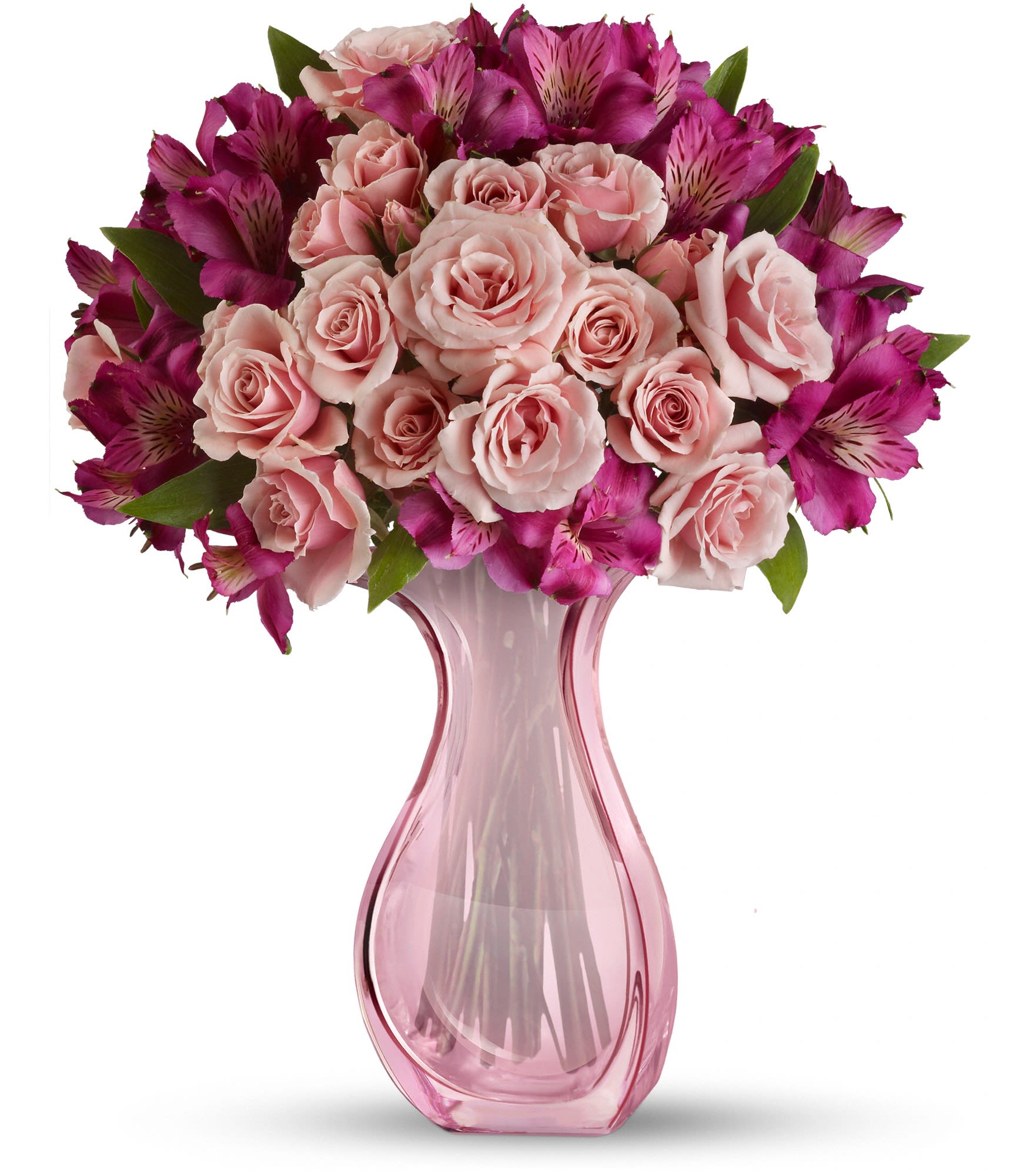 Teleflora's Pink Fire Bouquet Teleflora's Pink Fire Bouquet - The lovely bouquet includes light pink spray roses and purple alstroemeria.Delivered in a stylish hand-blown pink glass vase. T11M110A