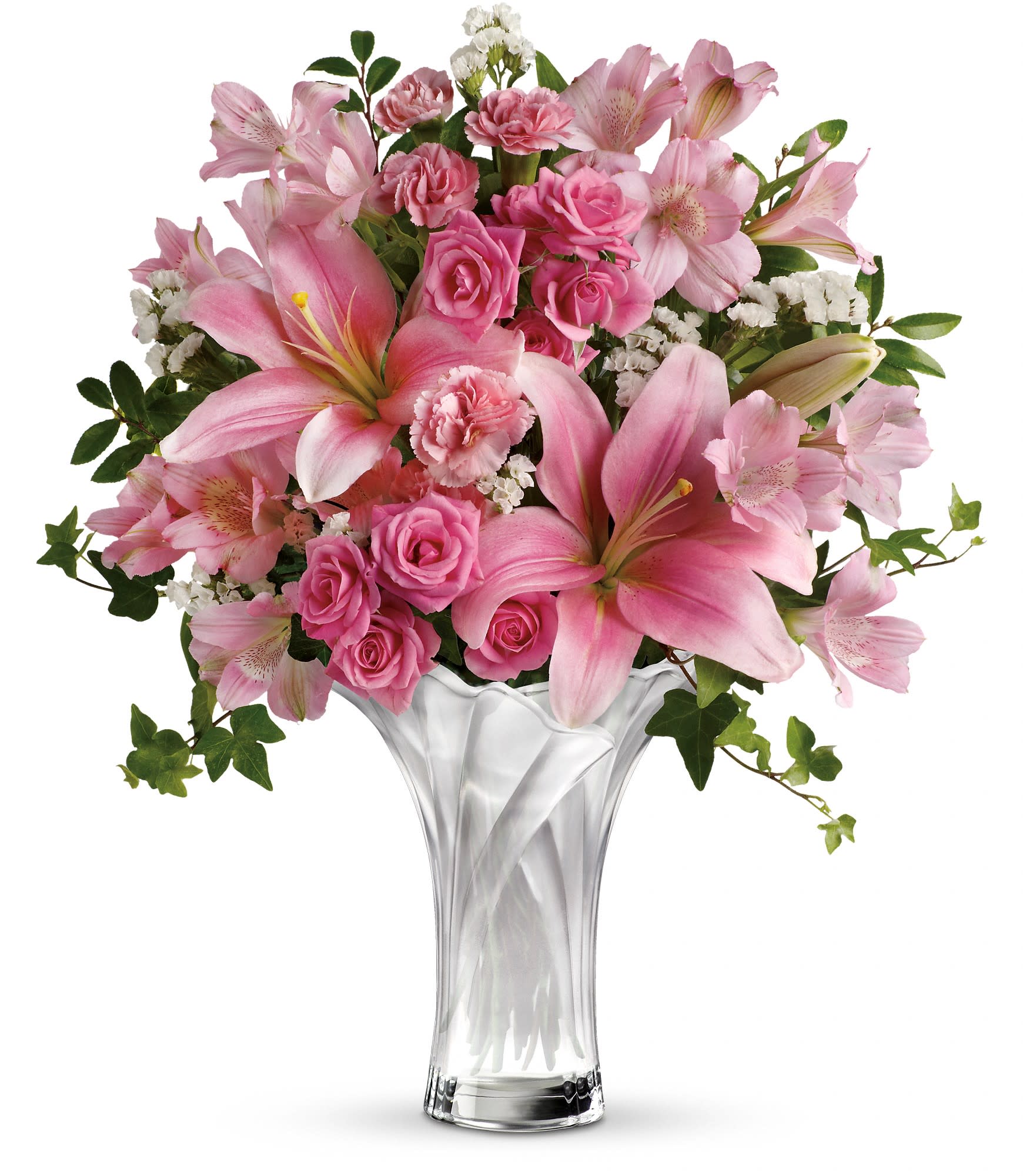 Teleflora's Celebrate Mom Bouquet Teleflora's Celebrate Mom Bouquet - Pink spray roses, asiatic lilies, alstroemeria and miniature carnations are accented with white sinuata statice and assorted greenery. Delivered in a Celebrate Mom vase. T13M100A