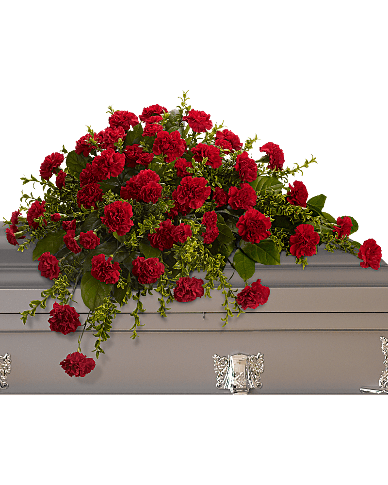 Adoration Casket Spray -  With dignity and grace, brilliant red carnations express the depth of your heartfelt feelings, and the tenderness of your everlasting devotion.      A classic half-couch spray of red carnations set against oregonia and salal, perfectly fitting for an open or closed casket service.