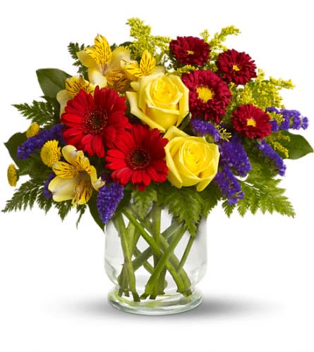 Garden Parade - You'll want to put this colorful bouquet on your hit parade of gifts to send. Bold primary colors and a perfect mix of flowers make it great for men and women of all ages. In other words it's a perfect arrangement. Yellow roses alstroemeria and button spray chrysanthemums red miniature gerberas and matsumoto asters along with purple statice salal and fern are delivered in a lovely hurricane vase. It's a garden parade to be proud of!Approximately 14&quot; W x 13 1/2&quot; H Orientation: One-Sided As Shown : T41-1ADeluxe : T41-1BPremium : T41-1C