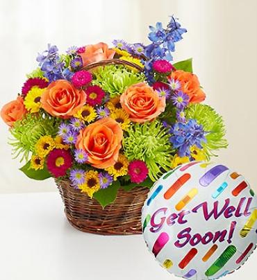 Sure Cure Sure Cure - Wish them well on their road to recovery with our uplifting arrangement of roses, delphinium, mums, poms and more. Hand-gathered in a charming basket and paired with a cheerful "Get Well" balloon, it's just the prescription for a friend or family member in need of a smile. (Vase/Basket style may vary) Item # 91845