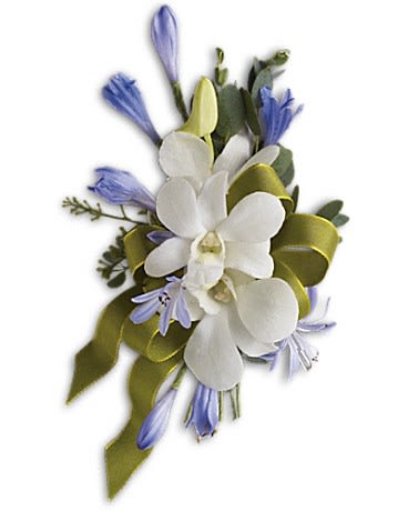 Blue and White Elegance Corsage - Reach for the sky with blue agapanthus and white dendrobium orchids.