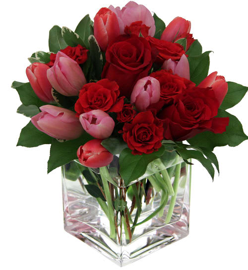 This Enchanting Bouquet - This enchanting bouquet of pink and red tulips mixed with red roses, red spray roses and complementary greenery, will captivate her this Valentine's. Please note that tulips are seasonal flowers,