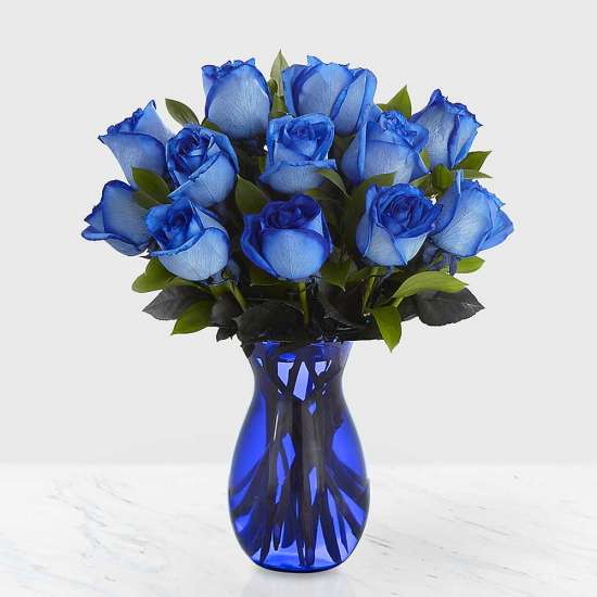 Mi Amor Eterno - My Endless Love - 1 Dozen Blue Roses Perfectly Arranged in a Glass Vase Container &amp; Fillers May Vary
