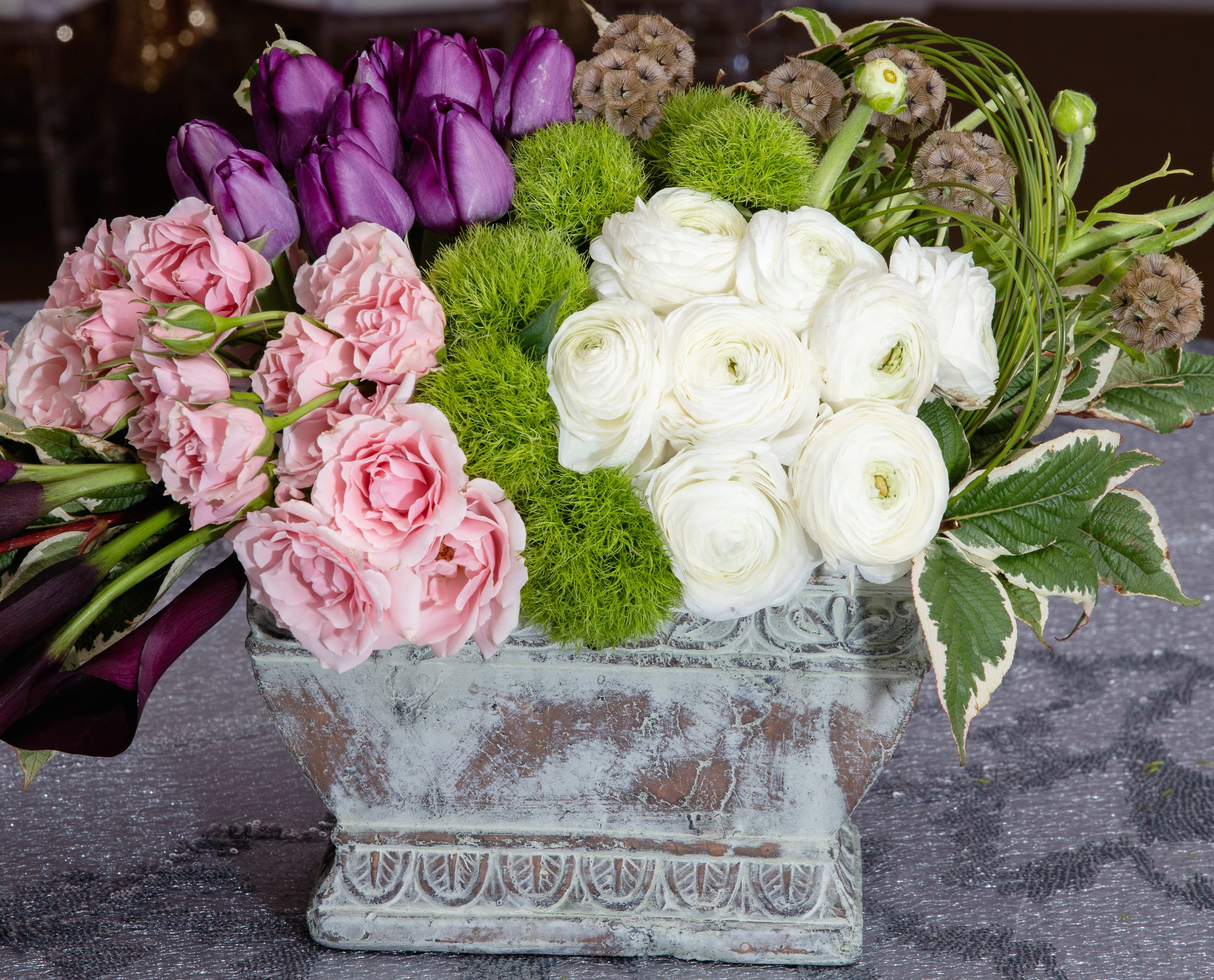 Pure Pure - Composed of Tulips, Cala Lilies, Spray Roses, Dianthus, Ranunculus, Scabiosa