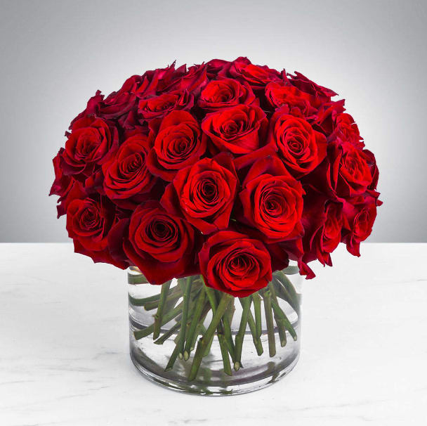 Three Dozen Red Roses by BloomNation™ Three Dozen Red Roses by BloomNation™ - Make a bold statement with this beautifully simple design. Three Dozen Red Roses by BloomNation™ is the perfect gift for Valentine's Day, an Anniversary, or when anytime you're feeling romantic. Arrangement Details: Three dozen red roses in a glass cylinder vase. APPROXIMATE DIMENSIONS are 12"D X 12"H