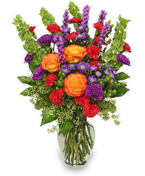 Hooray For Summer - Enjoying summer is easy with this arrangement. Bold bright orange roses purple and red carnations and purple asters pack a punch against verdant green bells of Ireland and seeded eucalyptus. Shout &quot;Hooray!&quot; and enjoy this piece of summer today!