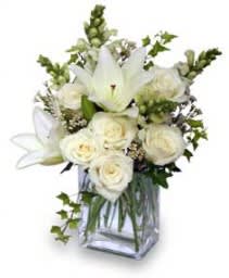 Pure Perfection - A unique bouquet arranged in a clear glass rectangular vase. There's a certain classic touch to a simple mix of white flowers!