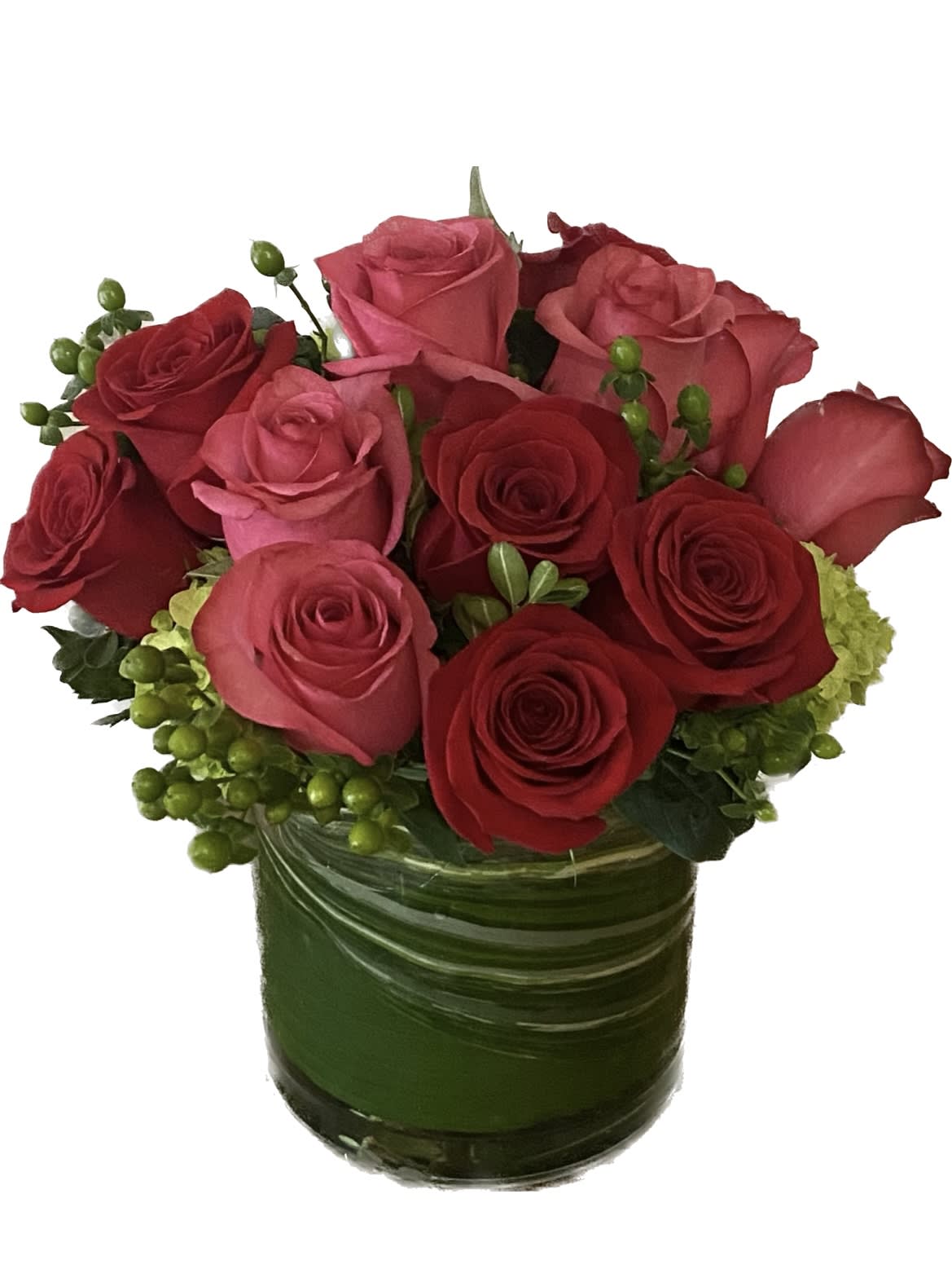 Half &amp; Half Short Stack - Half a dozen vibrant red paired with half a dozen hot pink roses.  Gorgeous bright green hydrangea and tasteful accents compliment the classic Valentine's Day staple flower.  Arranged in an eye catching leaf wrapped cylinder.  Perfect for this years most romantic holiday.