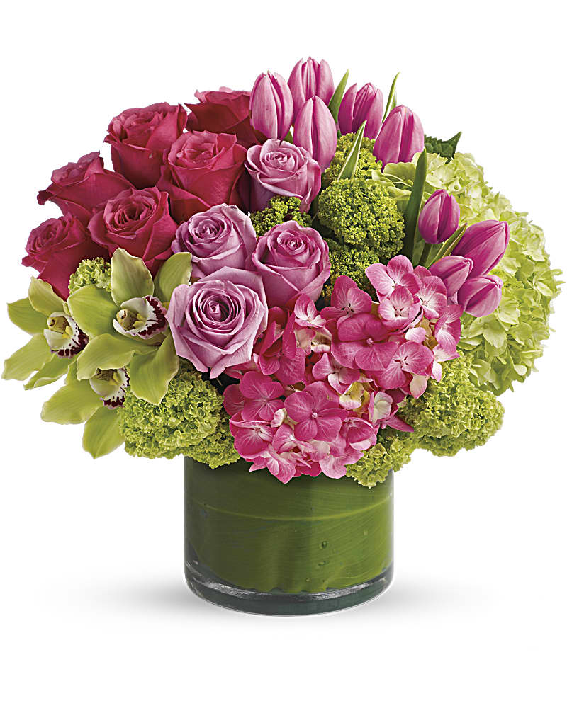 New Sensations New Sensations - Like a girl's getaway to the tropics! Feminine flowers in tropical pastels brighten her day - and her feng shui. She'll love the beautiful serenity and balanced, Zen-like feel of the lush pink and green blooms. A wide array of pink and green flowers are presented in a clear glass cylinder vase that's lined with green ti leaves. Blooms include green hydrangea, pink hydrangea, green cymbidium orchids, hot pink roses, lavender roses, pink tulips and green viburnum. Orientation: All-Around