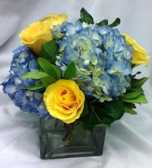 Spring Has Sprung - Lovely assortment of blue hydrangea and yellow roses just say welcome spring!  Available with tulips as well.(just specify in special instructions)