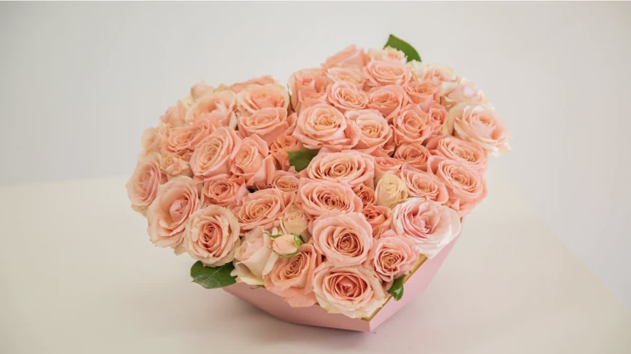 Blushing heart Blushing heart - Beautiful blush baby roses tucked in a heart shaped blush vase. Delightful gift for your daughters on Valentines Day.