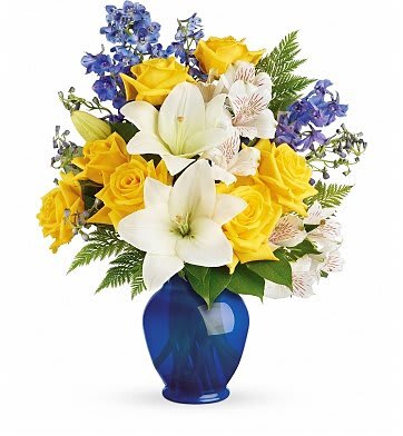Roses lilies and delphinium vase Roses lilies and delphinium vase - Yellow Roses white lilies and blue delphinium vase