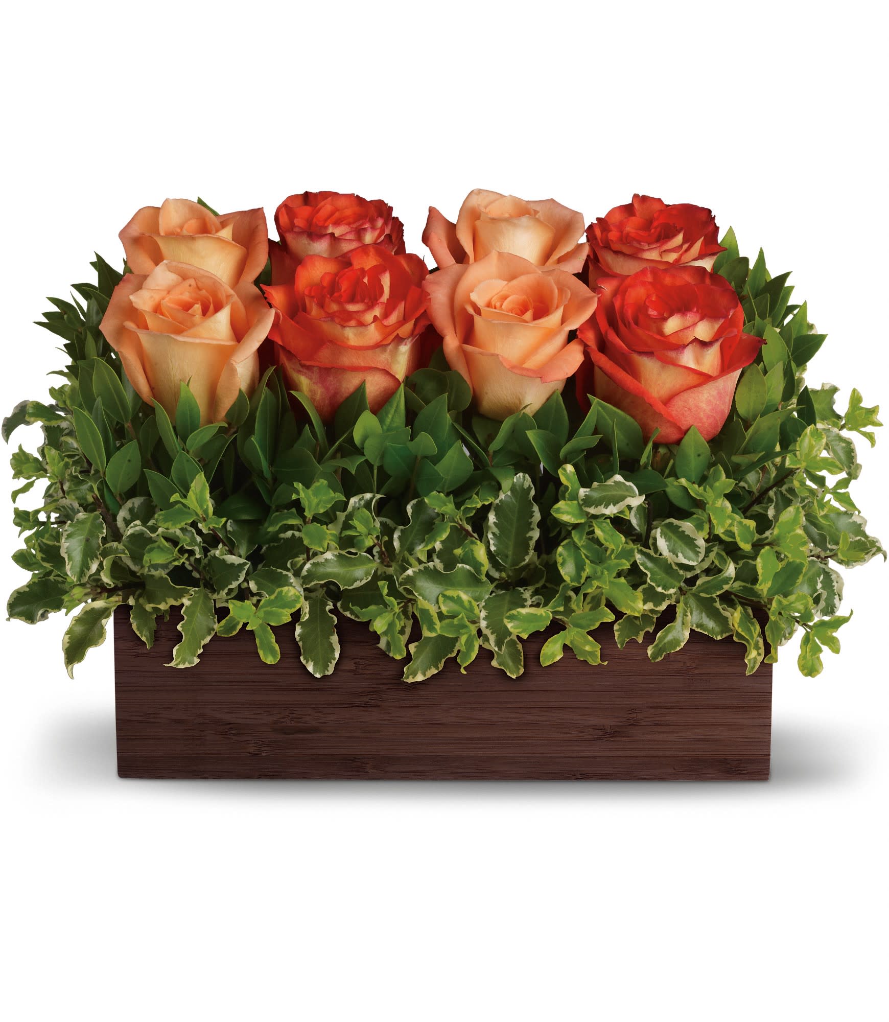  Uptown Bouquet - An arrangement worthy of your uptown girl, this one rocks! Modern without being trendy. Gorgeous without being girly. If your woman knows style, this is the gift for her.  Outrageously beautiful dark orange and peach roses are nestled in a garden of greens and delivered in a unique bamboo rectangle. Go ahead: show her that you get it.  Approximately 14&quot; W x 9 1/2&quot; H  Orientation: All-Around  As Shown : T72-3A Deluxe : T72-3B Premium : T72-3C