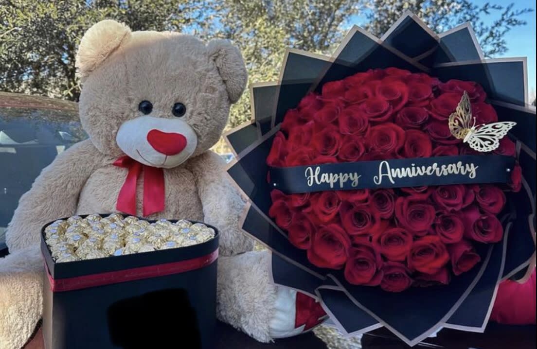 Everything Nice - 100 Red Rose bouquet, Chocolates and a Bear. Personalized Ribbon Choose from -Happy Anniversary or Happy Valentines or Happy Birthday , let us know in the notes at check out 