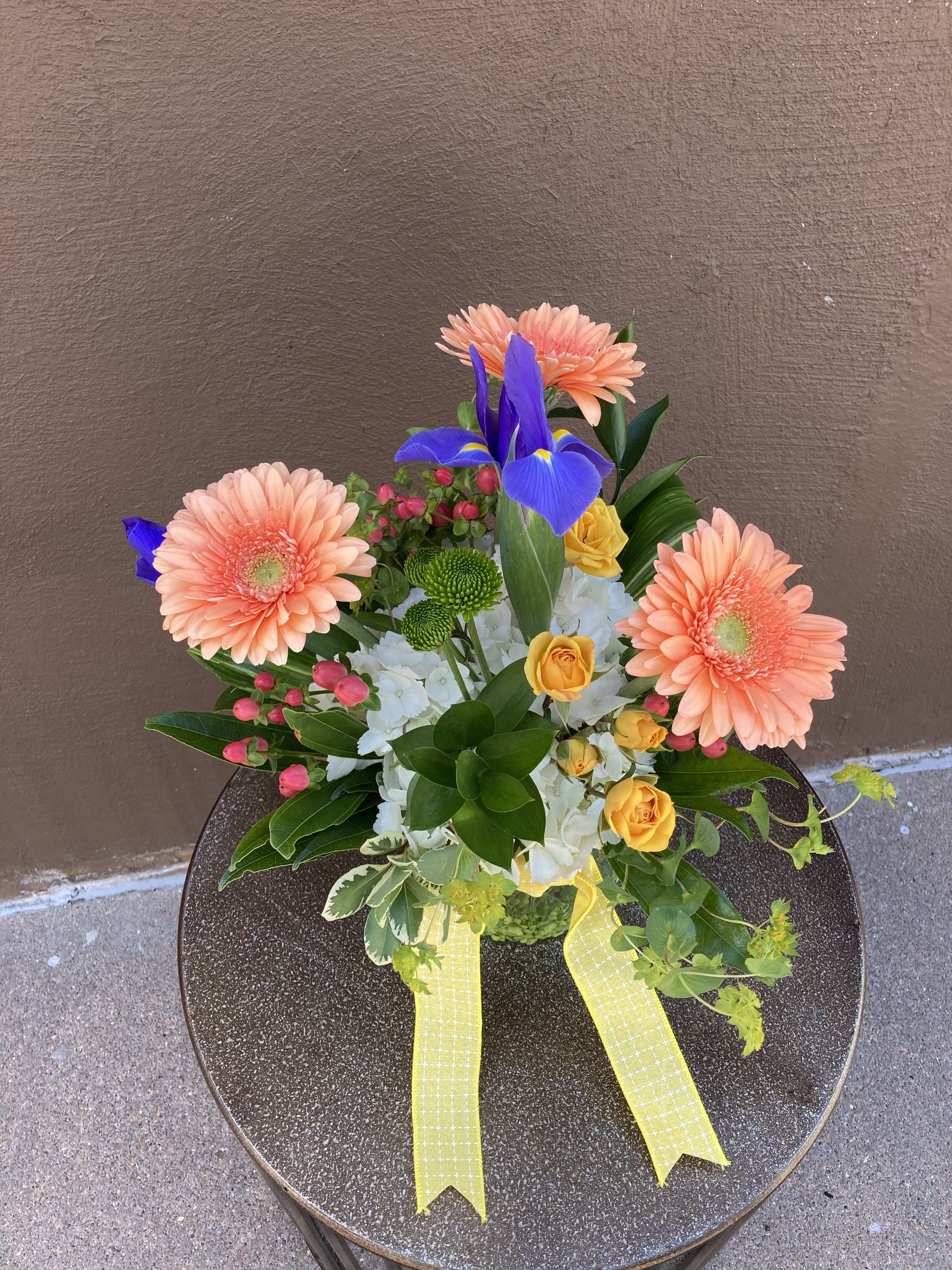 Splash Into Summer  - Arrangement with hydrangea, gerbera daisies, iris, and button mums 