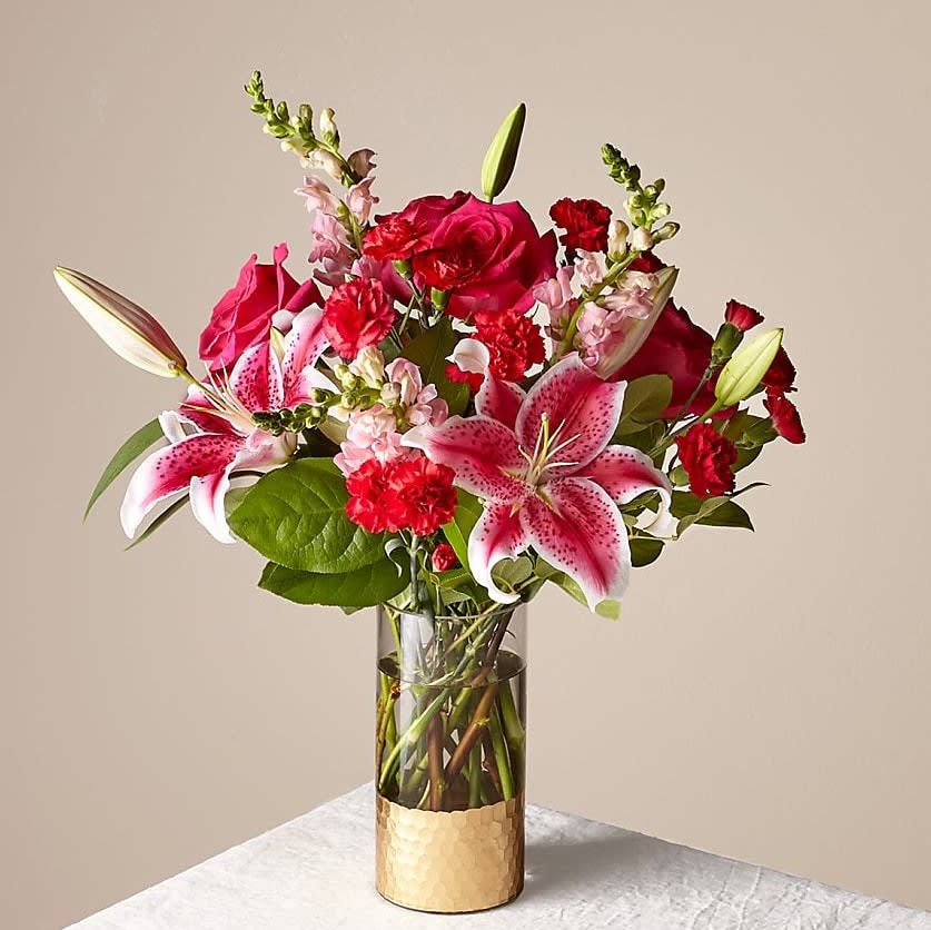 Be Mine Bouquet - Mini Carns, Roses, Stargazer Lily and Snaps. 