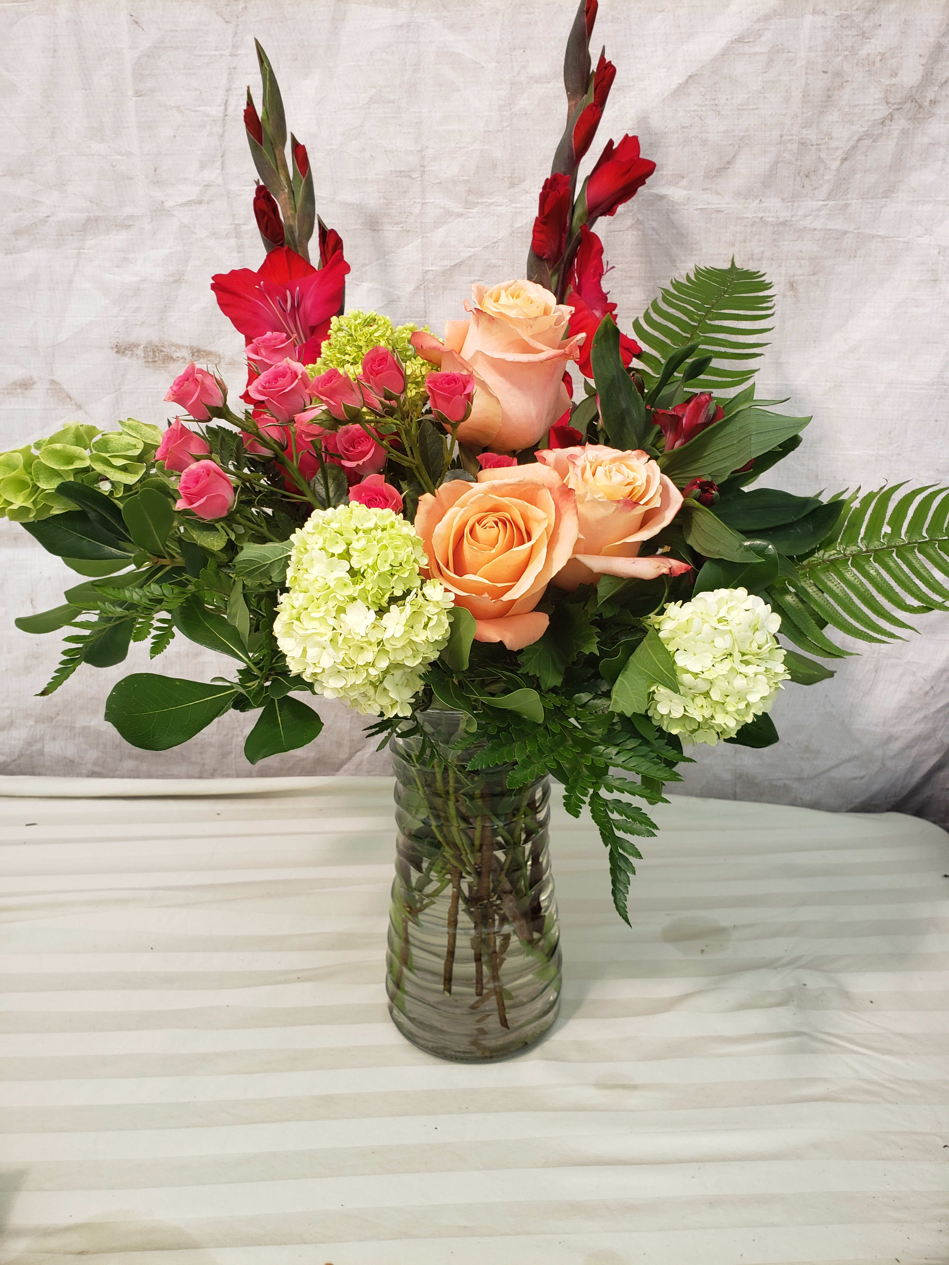 DAY BRIGHT BOUQUET  - Glads, Roses, Spray Roses, Mini Hydrangea, Bells Of Ireland 