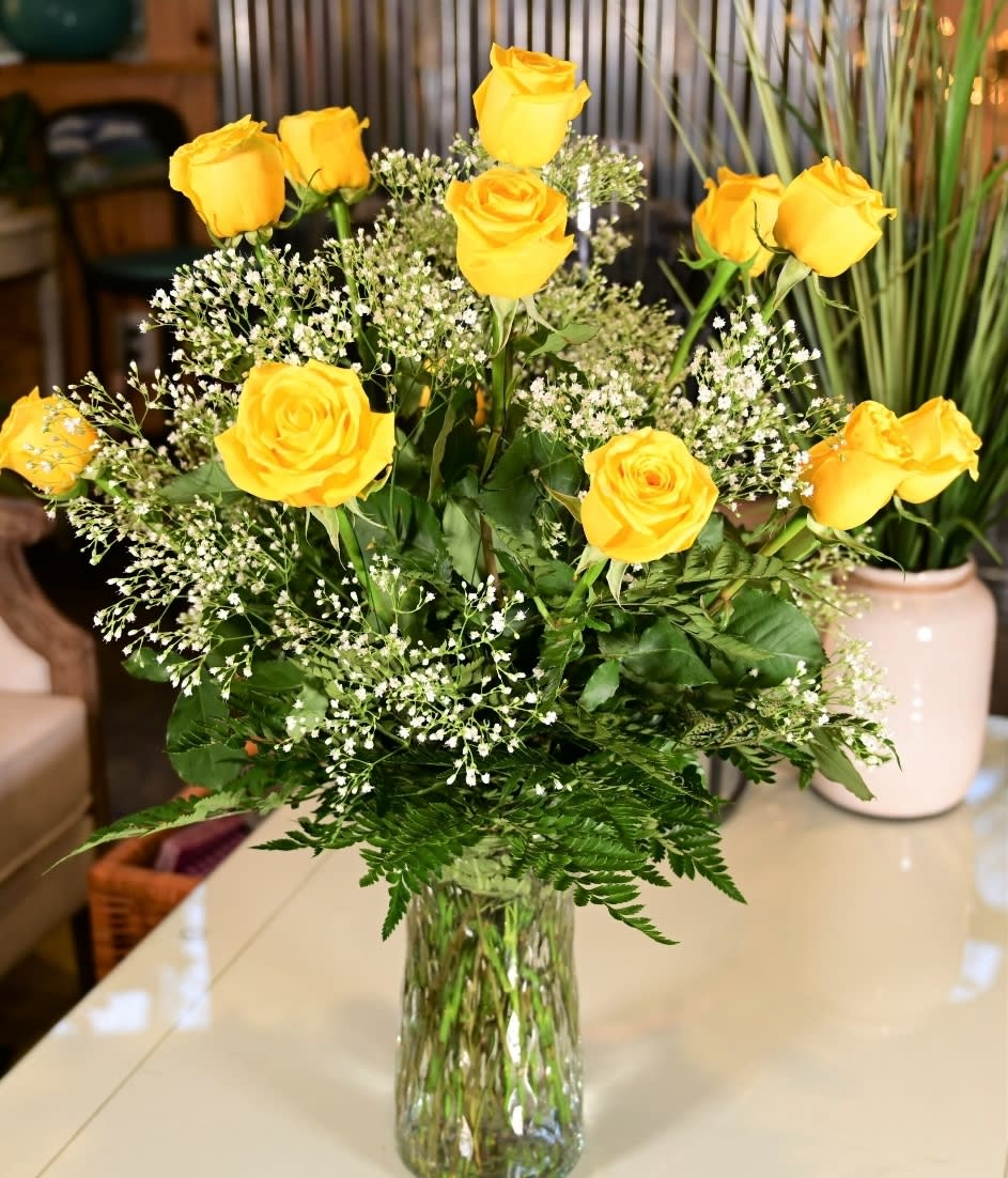 Yellow Roses - A dozen yellow roses vased with filler. 
