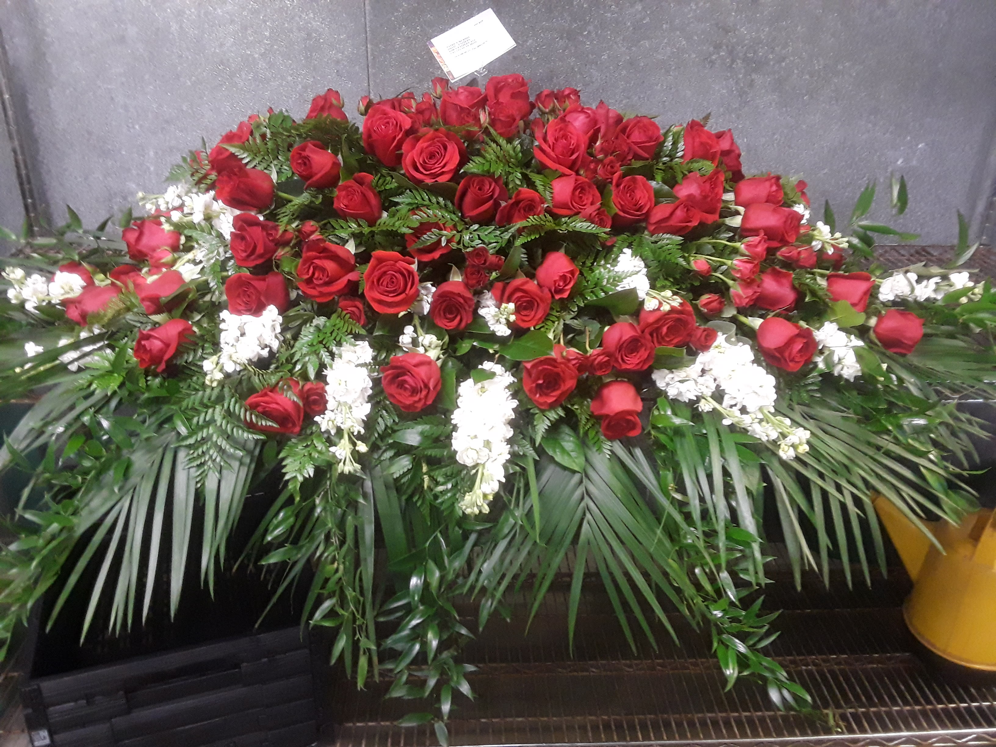 Closed Casket Spray - 6 feet casket spray with roses, and white delphiniums and stock with foliage