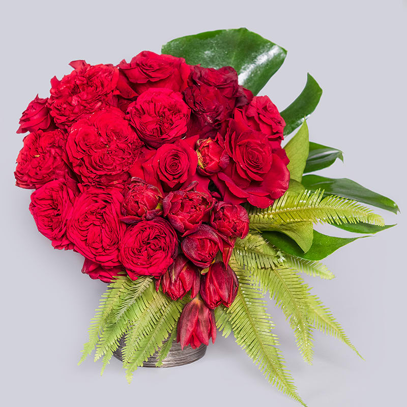 Dripping Red - A stunning display of red roses and tulips! This modern arrangement may be short, but is sure to be a dramatic addition for anyone!