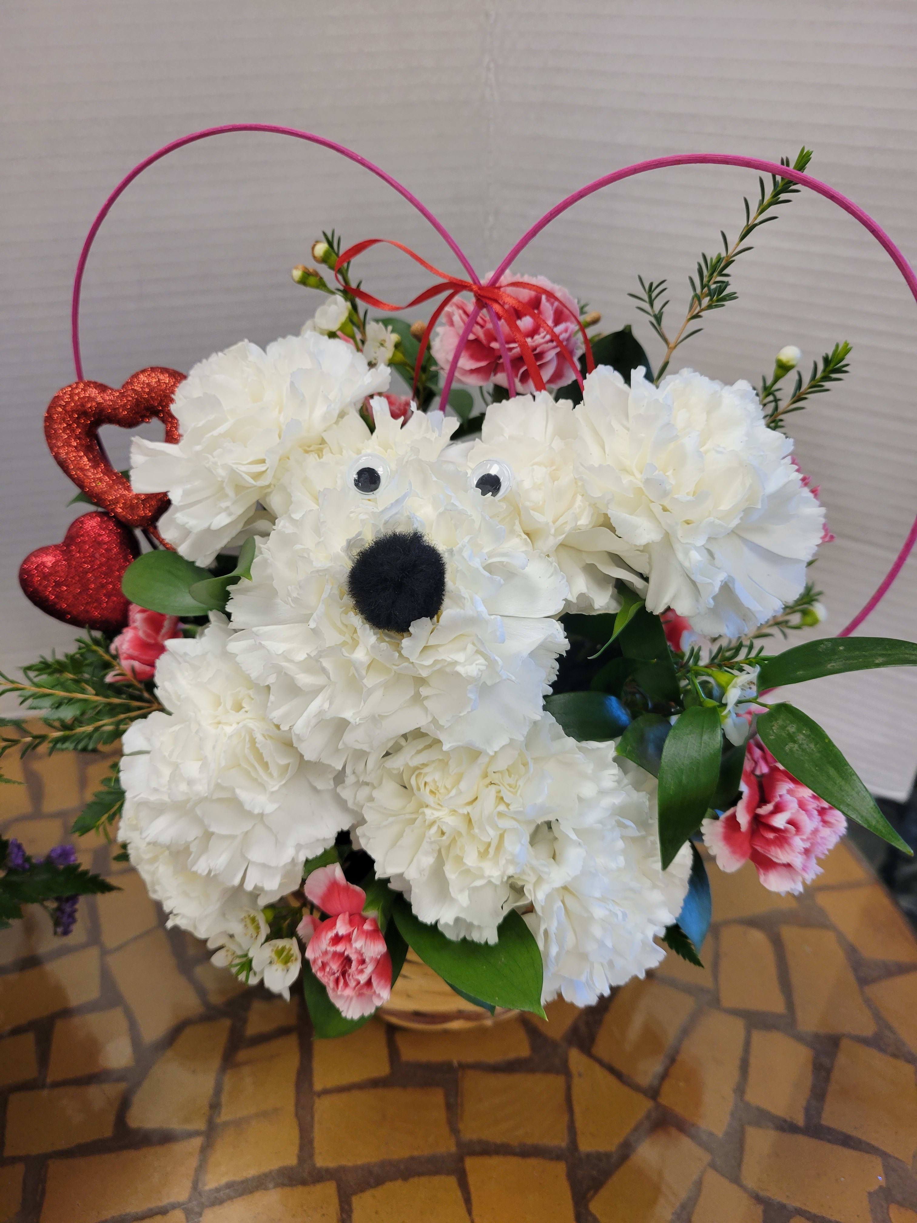 Puppy Love Arrangement with Balloon  - Dazzle your Valentine with this cute Puppy Love arrangement! Perfect for your daughter or any animal lover! (includes festive balloon) 