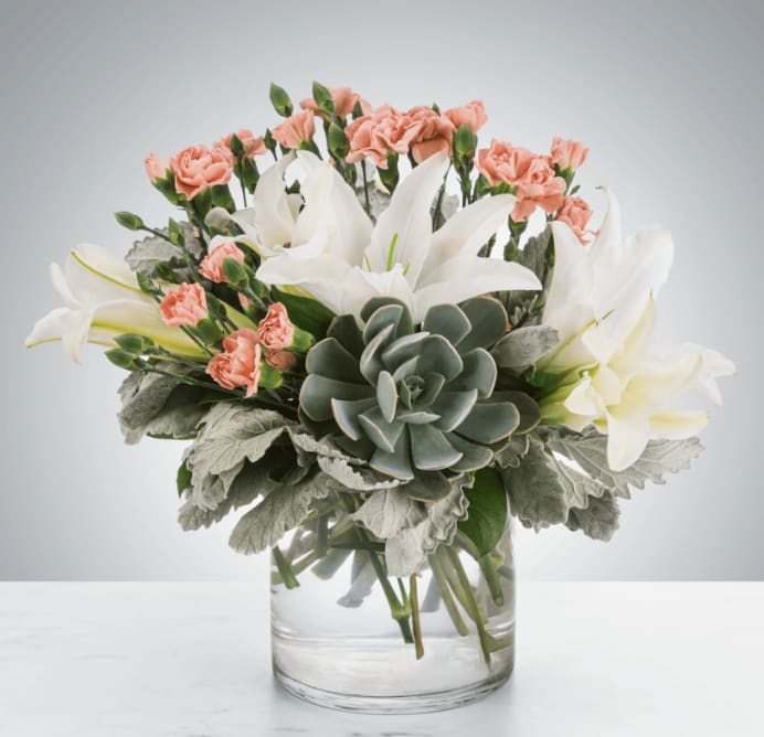 Poise by BloomNation™ - A lovely succulent arrangement featuring blush and white flowers, Poise by BloomNation™ makes a great gift for almost any occasion like Best Friends Day or Sister's Day.  Approximate Dimensions: 12&quot;D x 12&quot;H