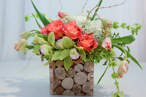 Green & Coral Green & Coral - Composed of Tulips, Orchids, Roses, Curly Willow.
