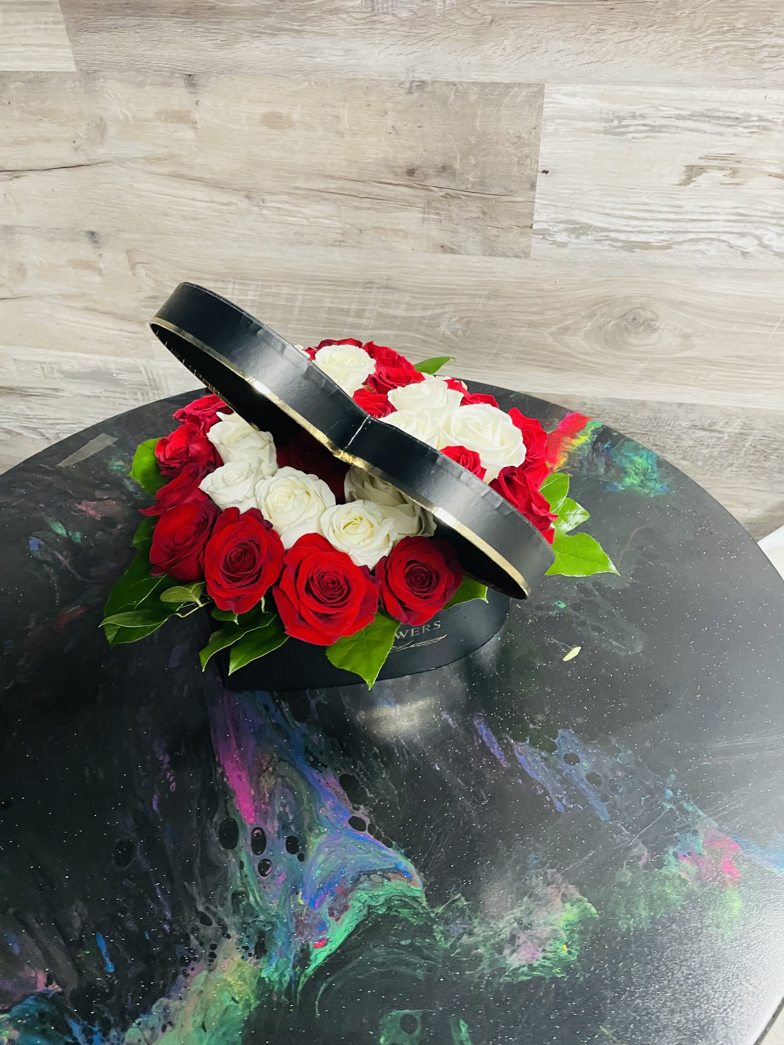 Hearts of Love  - The perfect love gift of red &amp; white roses in a elegant heart shaped box  (available boxes pink , red, black)