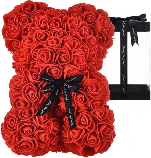 Rose Bear Rose Teddy Bear On Each Flower Bear. Perfect for Anniversary Rose Bear Mothers Clear Gift Box INCLUDED 10 inch Red Zcted