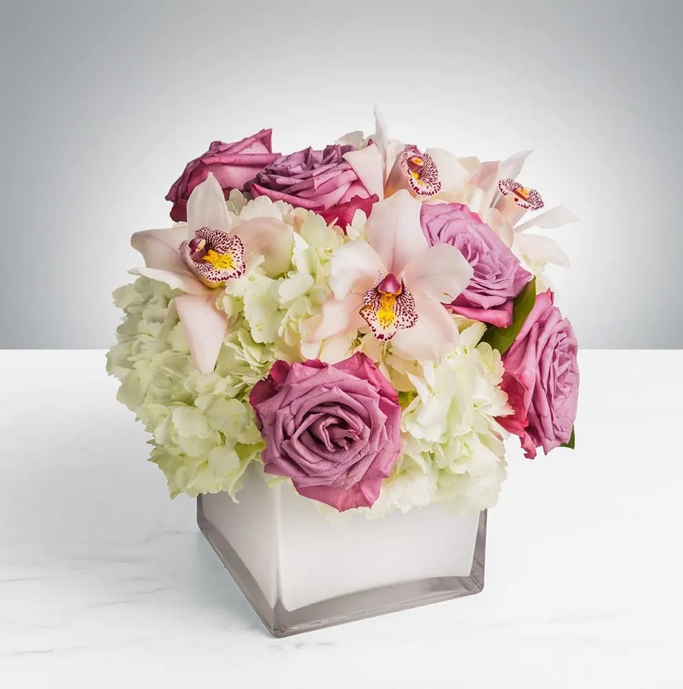 Pop of Lavender by BloomNation™ - Our most popular arrangement! Pop of Lavender by BloomNation™ is the perfect gift to wish someone a happy birthday or to say thank you.   Arrangement Details: Includes white cymbidium orchids, lavender roses, and white hydrangea.  APPROXIMATE DIMENSIONS:10&quot; H X 11&quot; W X 11&quot;L