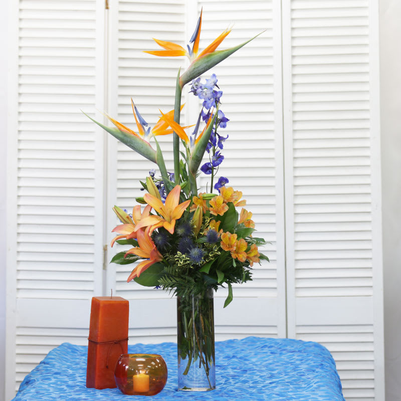 Contemporary Vase Arrangement - Contemporary Vase Arrangement with Birds of Paradise, Orange Lilies, Blue Delphinium and Orange Alstromeria