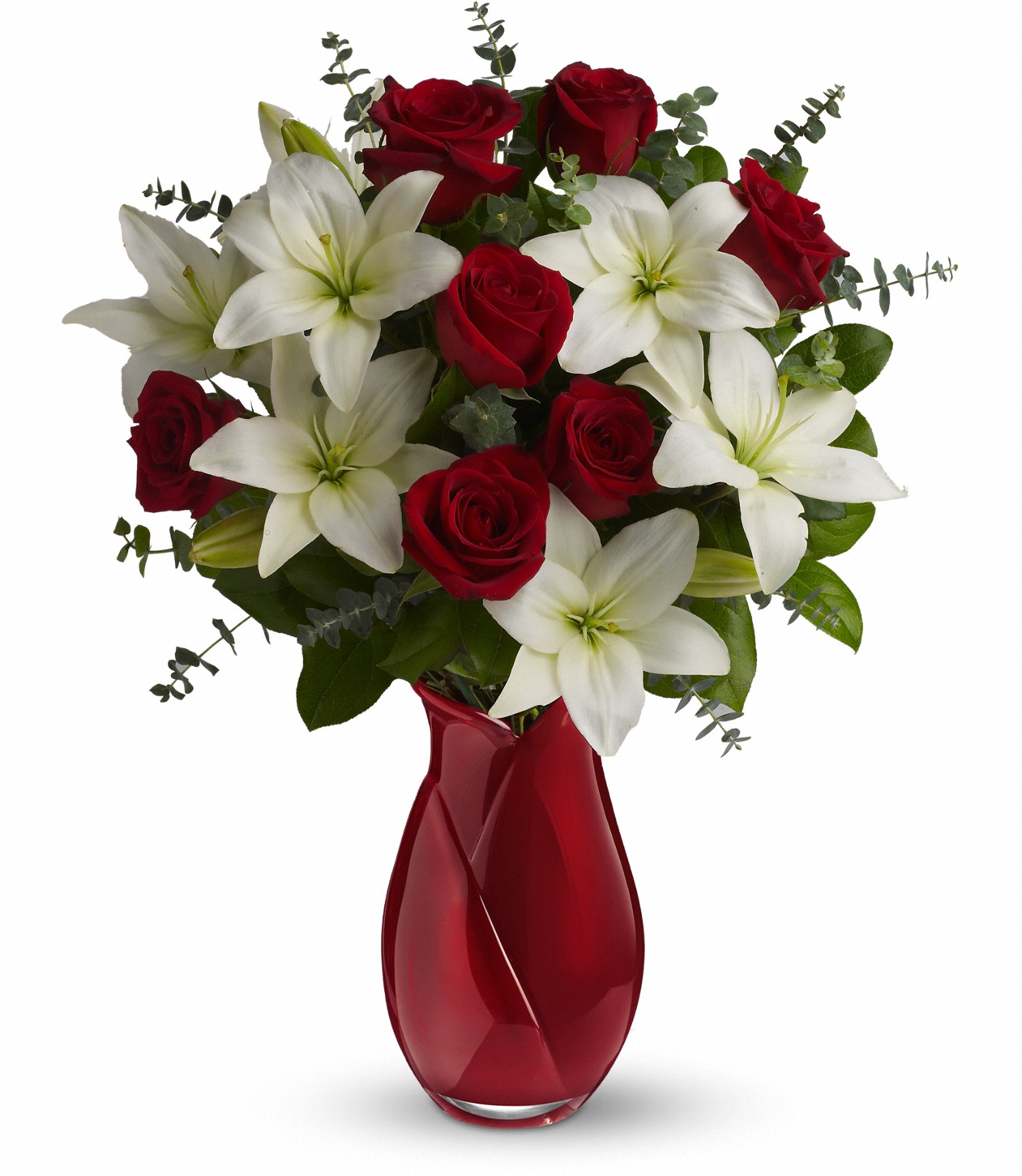 Teleflora's Look of Love Bouquet - Express your love with style with roses and lilies in a gorgeous hand-blown art-glass vase etched with an exquisite &quot;rosebud&quot; design. She'll love your taste - and you. 