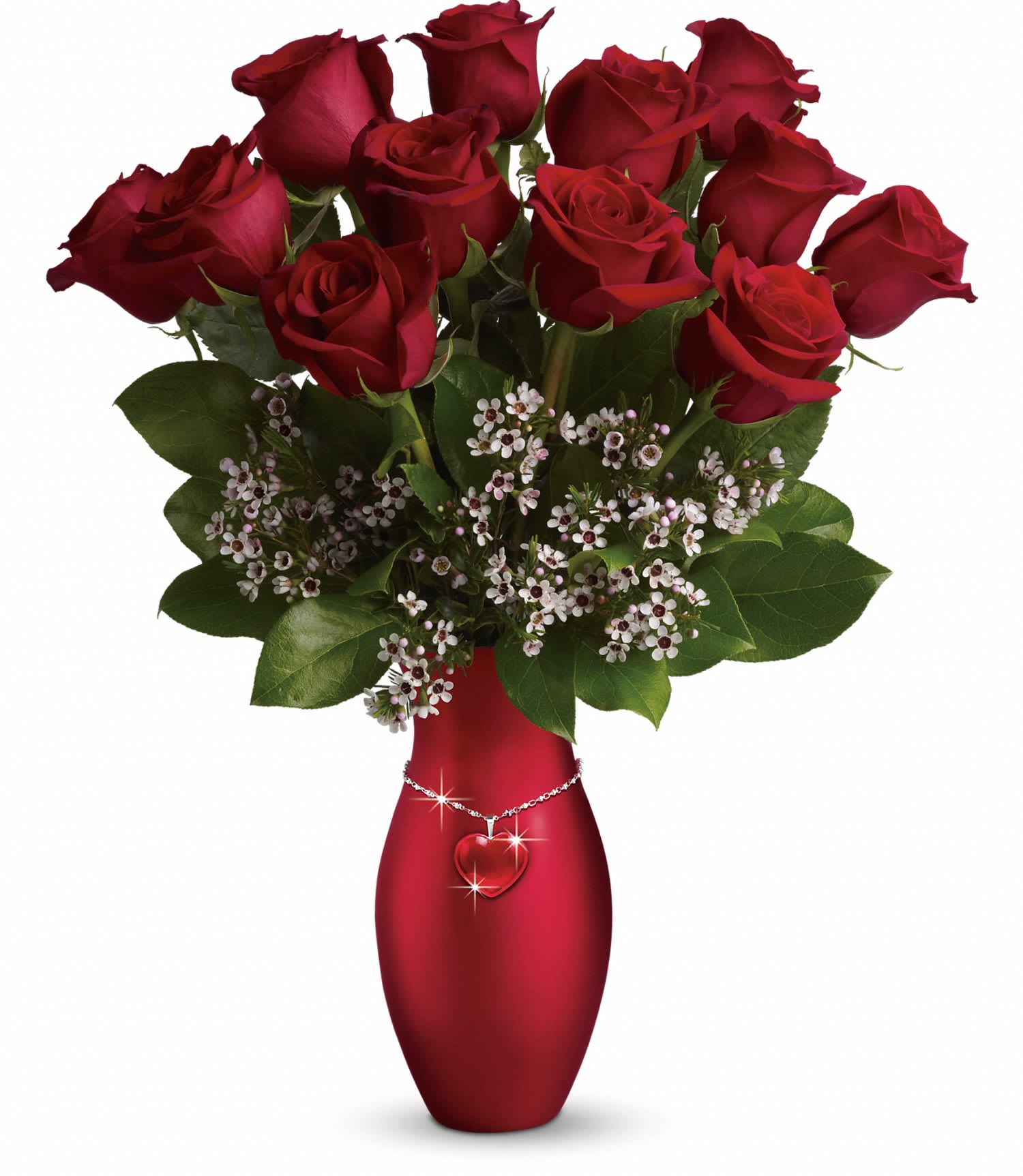 Teleflora's All My Heart Bouquet DX Teleflora's All My Heart Bouquet DX - A dozen roses, the classic gift of love, becomes even more irresistible when they arrive in a charming red vase "draped" with a dazzling glass heart pendant. Valentine memories are made of this.