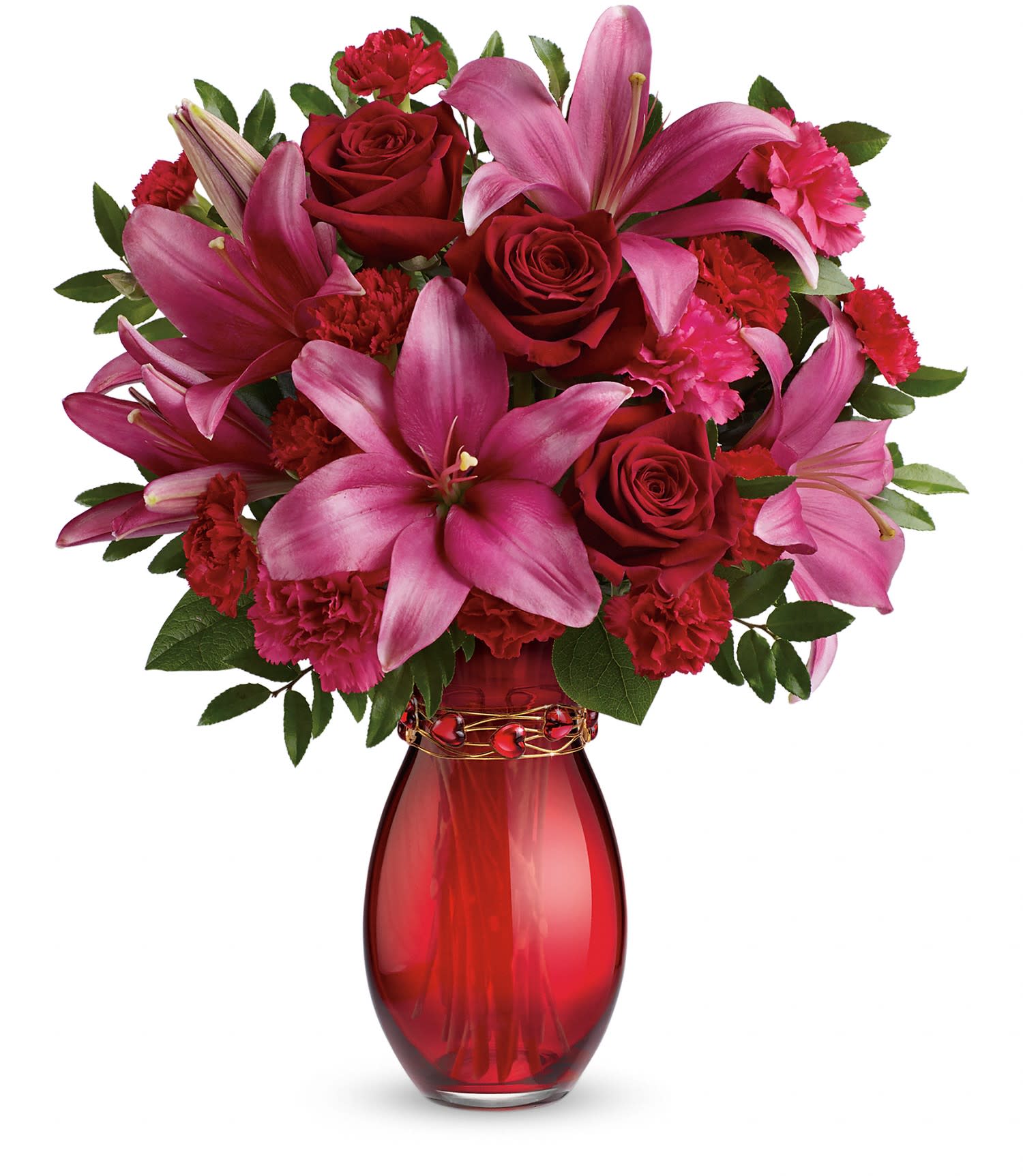 Teleflora's Crimson Kisses Bouquet - Get kissed! Captivating crimson roses and flirtatious pink lilies are sure to earn you a few Valentine's Day smooches, especially when they're hand-delivered in this hand-blown red glass vase with a striking bracelet! 